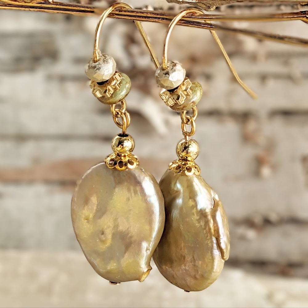 Natural Beige Freshwater Coin Pearl In Drop Down Gold Plated Earrings - Picture 4 of 5